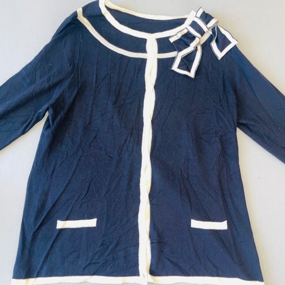 MAISON COMMON Wool Silk Cashmere Cardigan Sweater 14/16 XL Navy Cream Bow Top